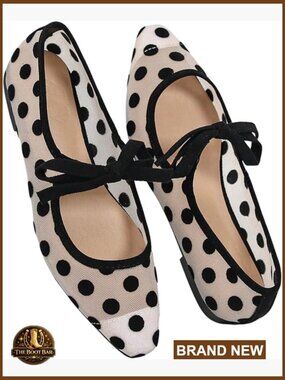 Women's Polka Dot Mesh Ballet Flats Bow Knot Pointed Toe Slip On Shoes